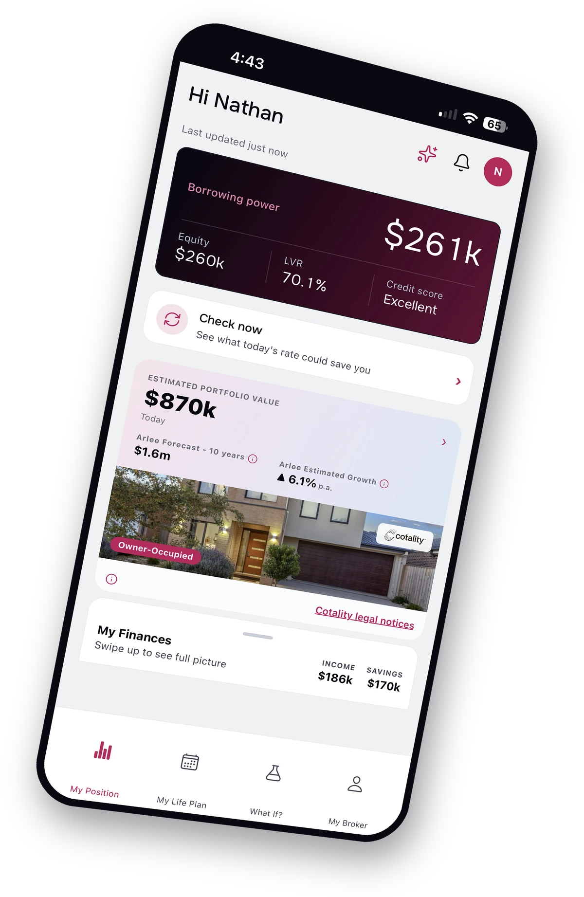 The Arlee app showing borrowing power, equity, LVR, credit score and a ten-year portfolio forecast