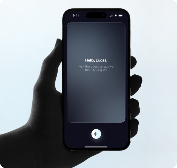 Arlee voice assistant screen on a phone held in hand, prompting the user to ask a question