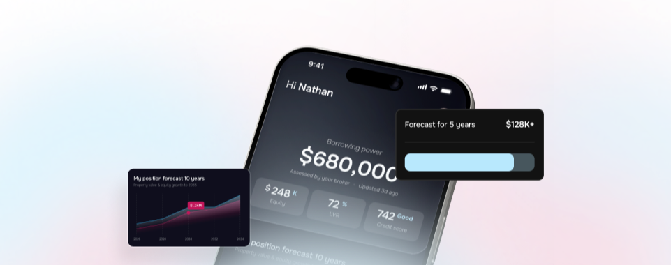 The Arlee app showing a borrowing power figure, equity position, and ten-year forecast